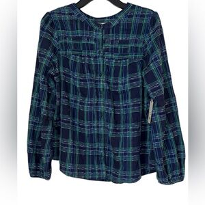 St. John’s Bay Blue & Green Plaid Button-Front Blouse NWT Holiday Gift Western